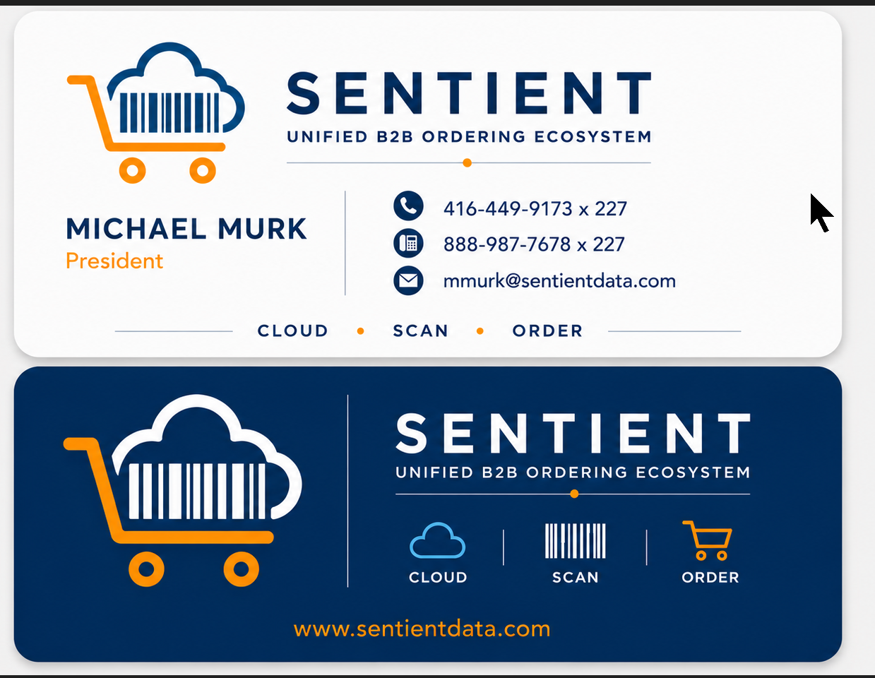 Sentient business card concepts in white and navy